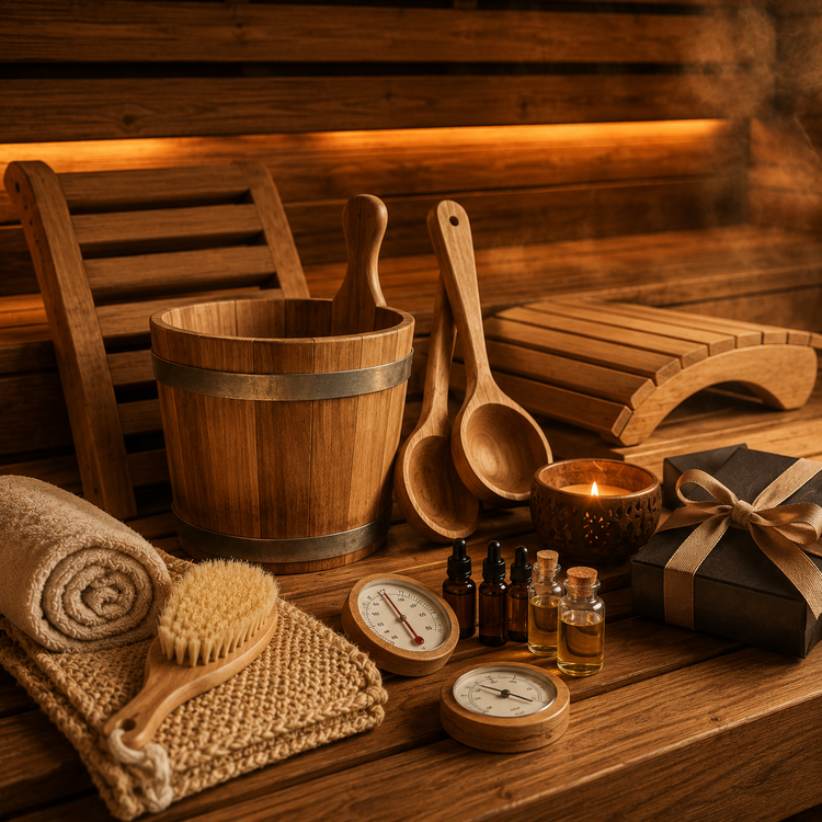 Sauna-Accessoires wie Saunakübel, Saunakellen, Kopstützen