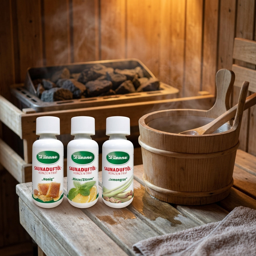 Finnsa Sauna Duftöl Set in einer authentischen Sauna-Szene