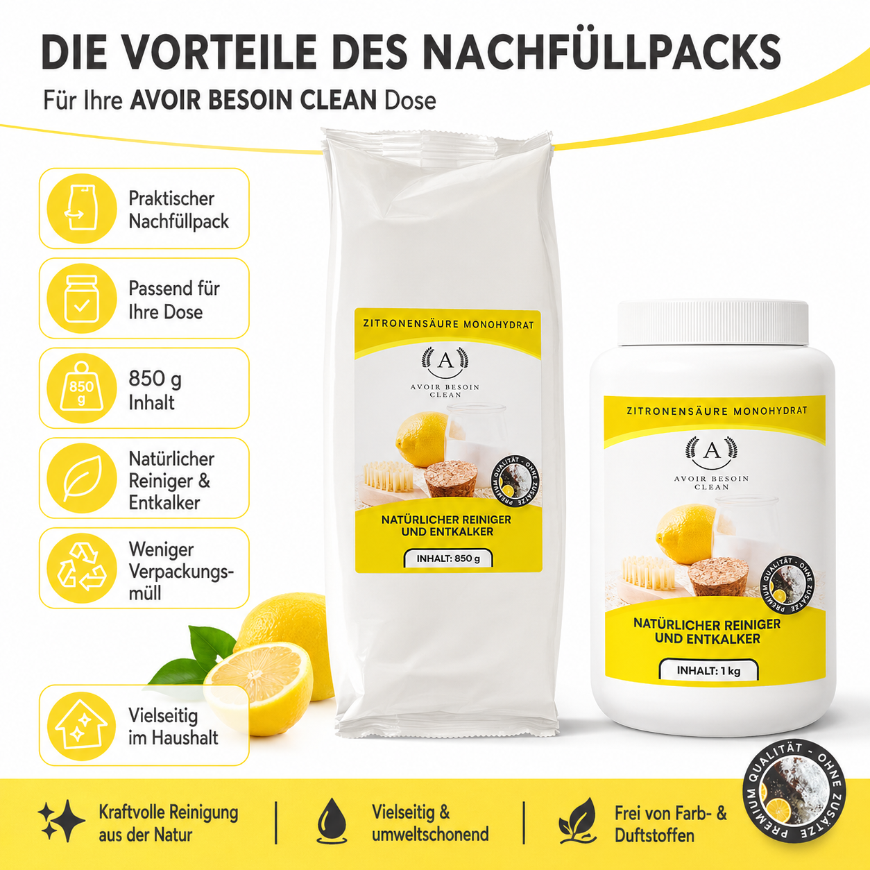 Zitronensäure Pulver Mega-Set – 1 kg Vorratsdose + 3× 850 g Nachfüllpack | Lebensmittelqualität E330 | Jahresvorrat natürlicher Entkalker