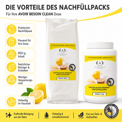 Zitronensäure Pulver Mega-Set – 1 kg Vorratsdose + 3× 850 g Nachfüllpack | Lebensmittelqualität E330 | Jahresvorrat natürlicher Entkalker