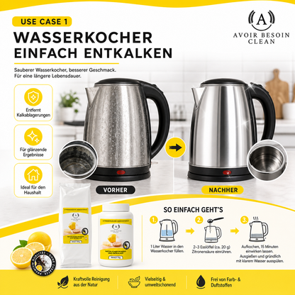 Zitronensäure Pulver Mega-Set – 1 kg Vorratsdose + 3× 850 g Nachfüllpack | Lebensmittelqualität E330 | Jahresvorrat natürlicher Entkalker