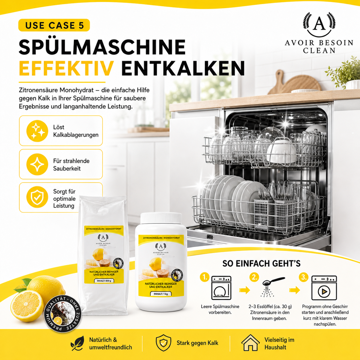 Zitronensäure Pulver Mega-Set – 1 kg Vorratsdose + 3× 850 g Nachfüllpack | Lebensmittelqualität E330 | Jahresvorrat natürlicher Entkalker