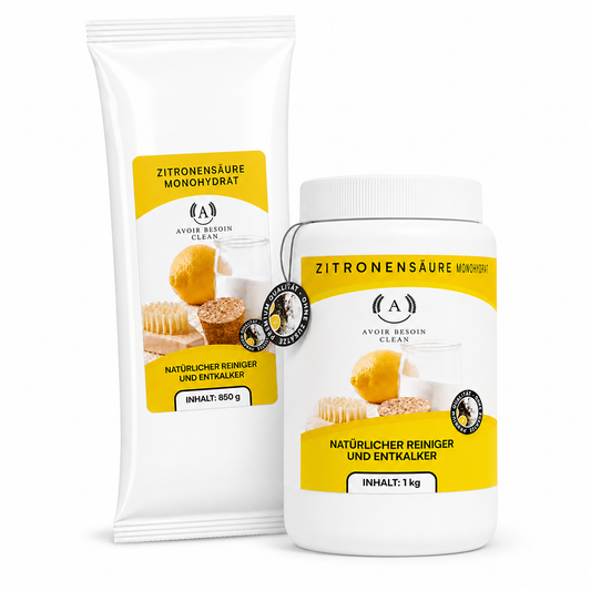 Zitronensäure Pulver Set – 1 kg Vorratsdose + 850 g Nachfüllpack | Lebensmittelqualität E330 | natürlicher Entkalker