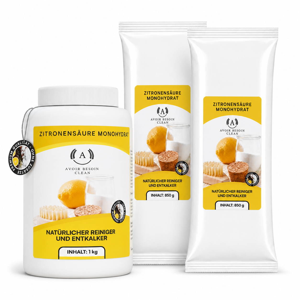 Zitronensäure Pulver Set – 1 kg Vorratsdose + 2× 850 g Nachfüllpack | Lebensmittelqualität E330 | Sparset natürlicher Entkalker