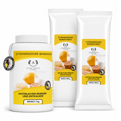 Zitronensäure Pulver Set – 1 kg Vorratsdose + 2× 850 g Nachfüllpack | Lebensmittelqualität E330 | Sparset natürlicher Entkalker