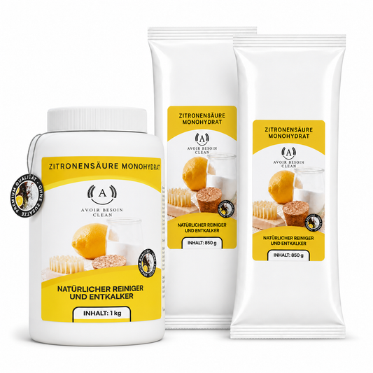 Zitronensäure Pulver Set – 1 kg Vorratsdose + 2× 850 g Nachfüllpack | Lebensmittelqualität E330 | Sparset natürlicher Entkalker