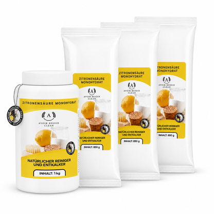 Zitronensäure Pulver Mega-Set – 1 kg Vorratsdose + 3× 850 g Nachfüllpack | Lebensmittelqualität E330 | Jahresvorrat natürlicher Entkalker