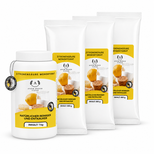 Zitronensäure Pulver Mega-Set – 1 kg Vorratsdose + 3× 850 g Nachfüllpack | Lebensmittelqualität E330 | Jahresvorrat natürlicher Entkalker
