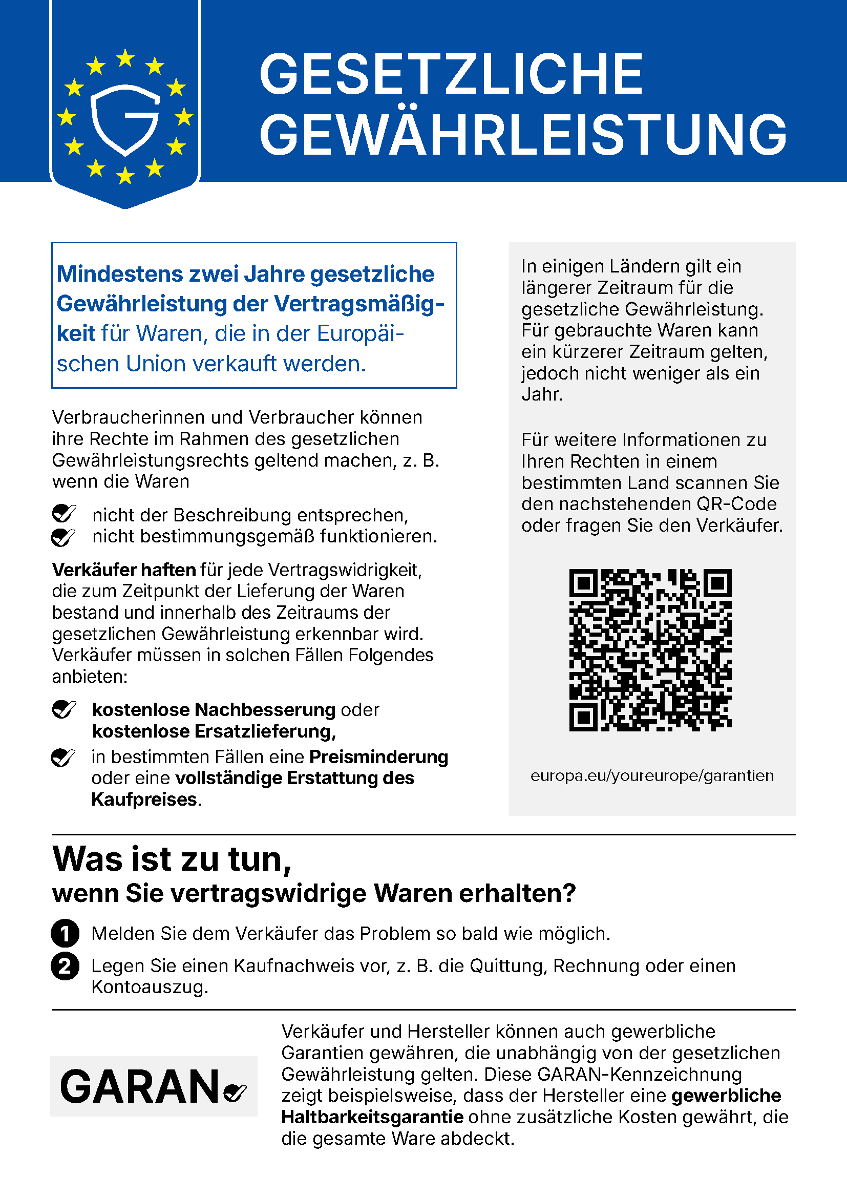 Harmonisierte Mitteilung über das gesetzliche Gewährleistungsrecht – mindestens 2 Jahre