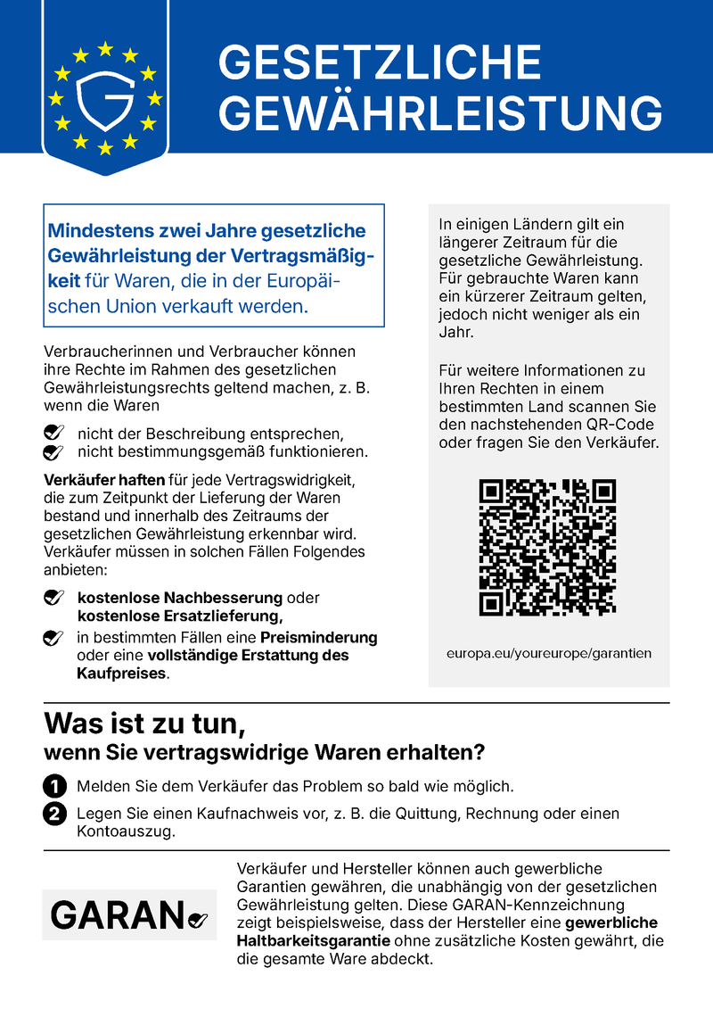 Harmonisierte Mitteilung über das gesetzliche Gewährleistungsrecht – mindestens 2 Jahre